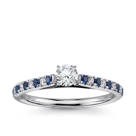 The Queen Diamond - diament centralny + kamienie boczne / Szafir Pierścionek z diamentem z białego złota