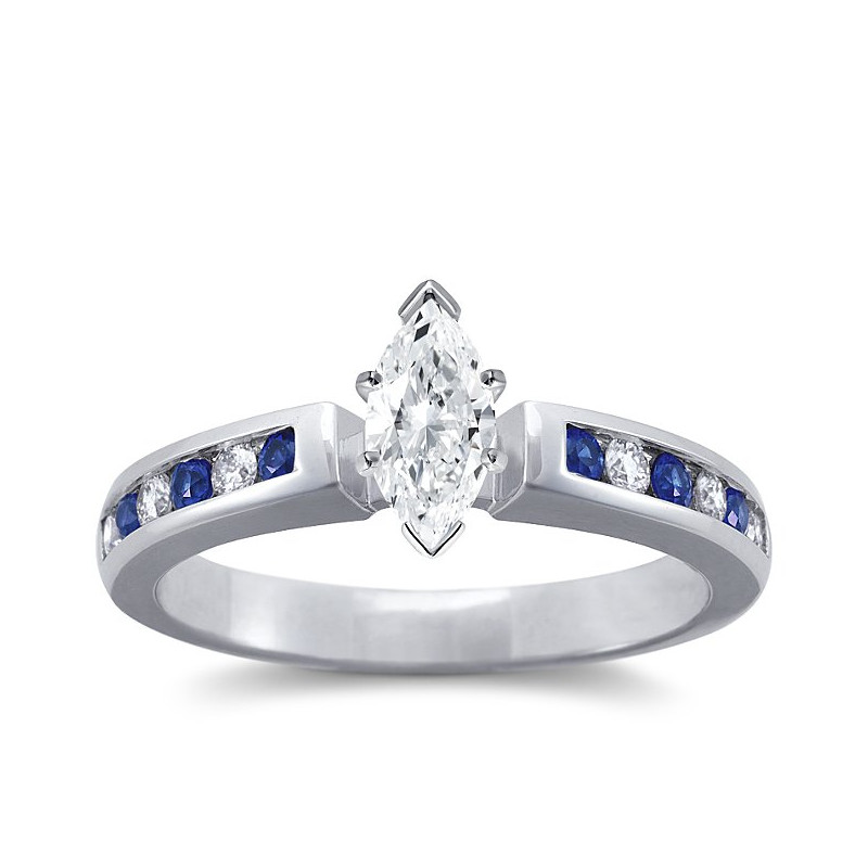 The Queen Diamond - 0,50 ct diament centralny + 0,20 ct kamienie boczne / 0,20 ct Szafir Pierścionek z diamentem z białego złota